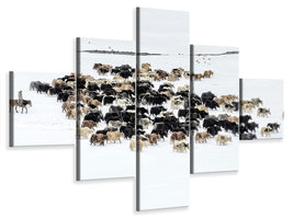 5-piece-canvas-print-yaks-in-snow